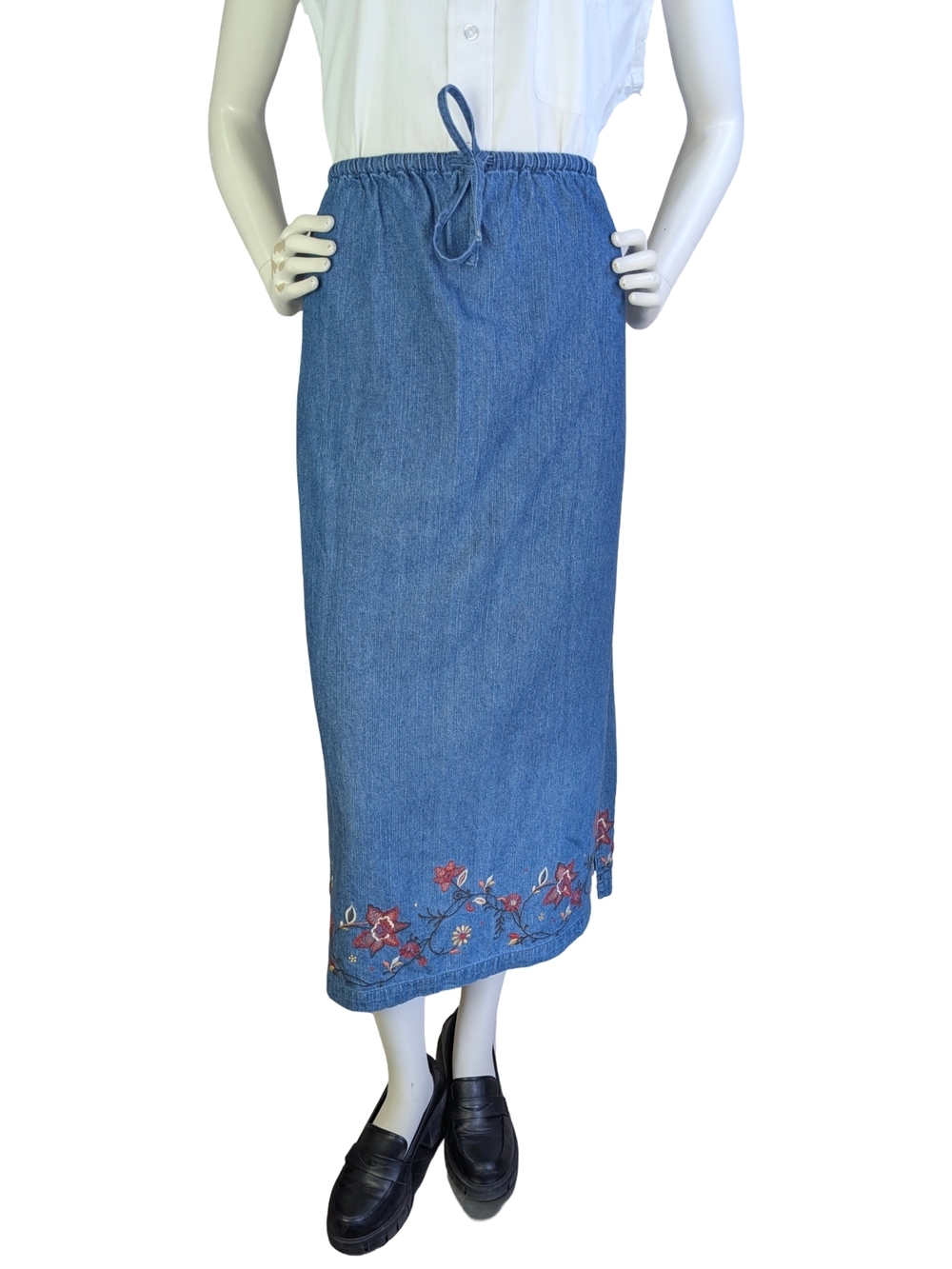 Vintage 90s Northern Reflections Embroidered Denim Maxi Skirt Cottagecore Boho L